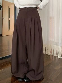 DAZY Celana Panjang Wanita Kasual Serbaguna Warna Polos dengan Potongan Lebar untuk Musim Gugur - Coklat - View 3