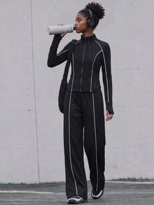 SHEIN 青少年女孩休閒時尚針織純色前胸圖案印花雙口袋長袖連帽拉鍊外套，秋季服飾，萬聖節，校園 - 黑色 - 查看 7