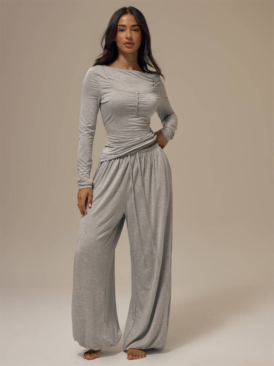Marl Grey Scoop Neckline Layered Half Button Placket Long Sleeve Slim Fit Top