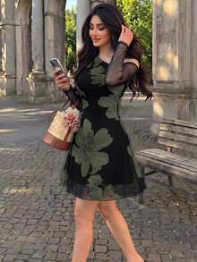 Modelyn 網格印花不對稱領口百褶優雅性感夏季女款洋裝 - 軍綠色 - 查看 4