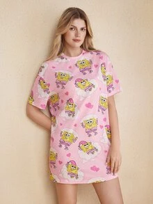 SpongeBob SquarePants | SHEIN Women's Round Neck Short Sleeve Casual Nightgown - Pink - View 4