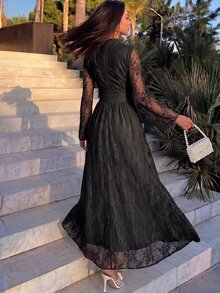 Firerie Women's Elegant Long Lace Dress With Stand Collar And Bell Sleeves - Black - View 2