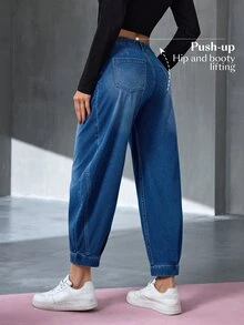 Flexra Petite Women's Pleated Design Tapered Casual Versatile Denim Long Pants - Dark Wash - View 2