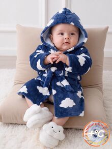 SHEIN 新生男嬰可愛秋冬款毛茸茸雲朵絨毛連帽居家服洗澡袍睡袍 - 彩色 - 查看 1