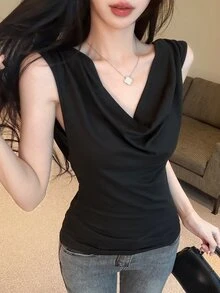 DAZY Autumn/Winter Off-Season Slim Fit Elegant Solid Color Women's Top Cute Tops - Black - View 5