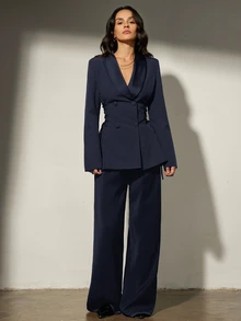 Aveloria Modichic 緞面拼接前綁帶女款西裝外套，優雅休閒西裝外套 + 休閒喇叭褲套裝，晚餐與職場穿搭，海軍藍，夏季 - 藏蓝色 - 查看 6