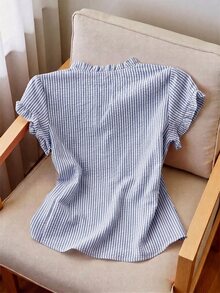 Franclia 女款荷葉邊條紋單排扣短袖休閒襯衫 - 霧霾藍 - 查看 2