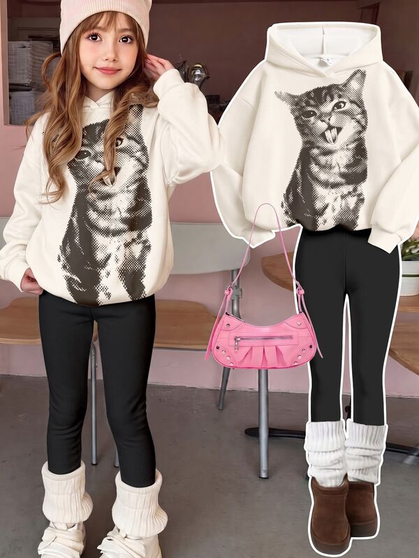 Teen Girls Cute Vintage Cat Print Pattern, Casual Hooded Comfortable Long Sleeve Sweatshirt & Leggings 2-Piece Set Suitable For Autumn/Winter, Daily Commute, Date, Party, Autumn/Winter, Party, Beach, Graduation Ceremony, Fashion, Casual, Outing, Elegant, Vacation, Y2K, Outing, Graduation Ceremony And Other Occasions