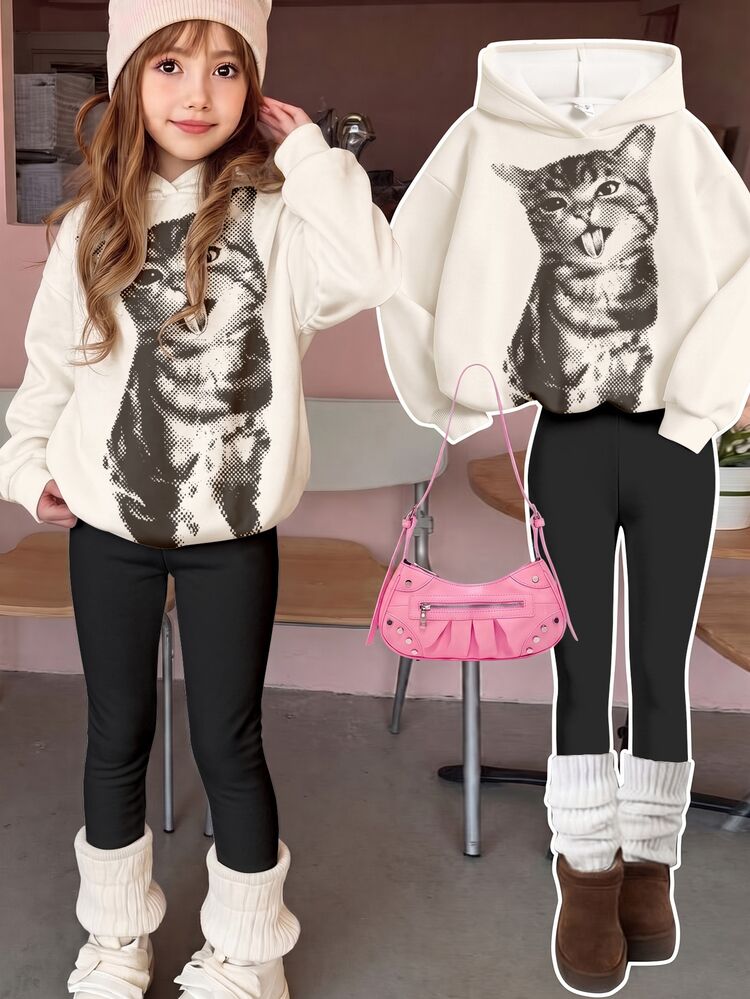 Teen Girls Cute Vintage Cat Print Pattern, Casual Hooded Comfortable Long Sleeve Sweatshirt & Leggings 2-Piece Set Suitable For Autumn/Winter, Daily Commute, Date, Party, Autumn/Winter, Party, Beach, Graduation Ceremony, Fashion, Casual, Outing, Elegant, Vacation, Y2K, Outing, Graduation Ceremony And Other Occasions - Multicolor - View 3