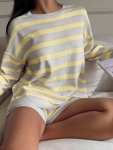 Comfortcana 女款新款秋季條紋毛衣兩件套 - 淡黃色 - 查看 3
