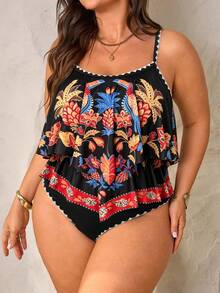 SHEIN Swim 2026新款大尺碼女款花鳥印花兩件套，細肩帶雙層荷葉邊下擺上衣搭配抓褶荷葉邊高腰褲，夏季海灘度假海邊假期穿搭，夏季度假套裝，派對穿著，優雅女款海灘泳裝，女款度假穿搭 - 彩色 - 查看 3