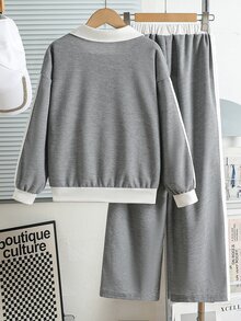 女童 2 件組針織翻領長袖純色拉鍊口袋長寬腿寬鬆版型 K-Pop 套裝 秋冬灰色 - 灰色 - 查看 2