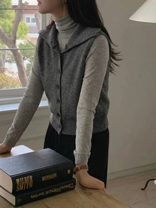 DAZY Rompi Rajut Leher Tinggi Abu-abu Gelap untuk Melangsingkan Tubuh Wanita Musim Gugur/Dingin, Rompi Sweater Bolak-balik untuk Pakaian Berlapis - Grey - View 2