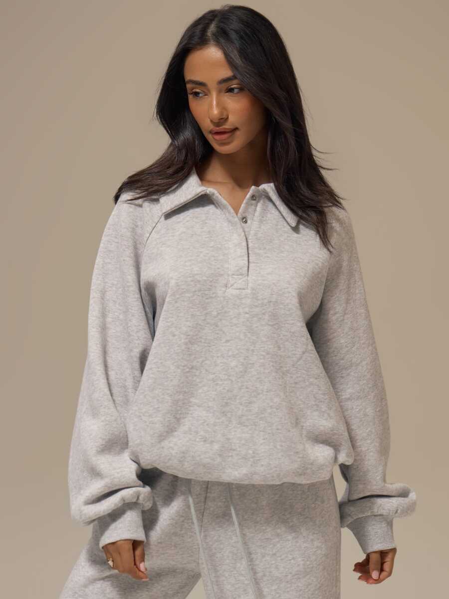 MUSERA ESSENTIALS Grey Collared Neck Ribbed Waistband Cuffed Sleeve Slouchy Sweatshirt Top Basics Loungewear Casual Everyday Essentials - Grey - View 1