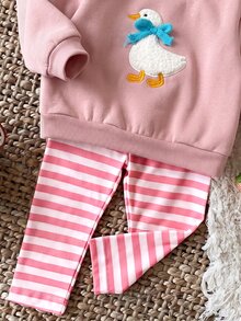 SHEIN Babygirl Cute Casual Knit Cartoon Pattern Sweatshirt & Elastic Waist Long Pants 4pcs Set - Pink - View 7