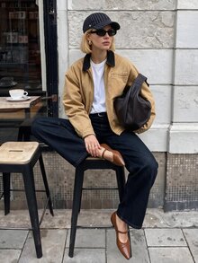 Struktiv Tan Washed Canvas Oversized Jacket Women Contrast Collar Zip Up Work Coat - Khaki - View 4