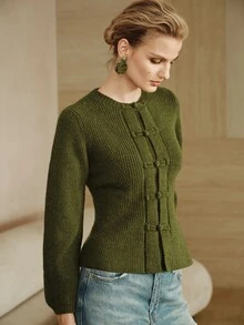 Arave Women's Sweater Top Slim Fit Waist Defining Chinese Frog Buttons Round Neck Ribbed Texture Retro Elegant Old Money Green Fall Clothes For Women Sweate - Army Green - View 5