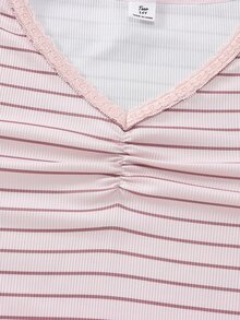 SHEIN Children's Striped Long Sleeve Top For Spring And Autumn, Black & White Stripes, Brown & Pink Stripes, V-Neck Design With Delicate Lace Trim, Sweet And Fashionable, Suitable For Daily Wear And Gatherings - Multicolor - View 3