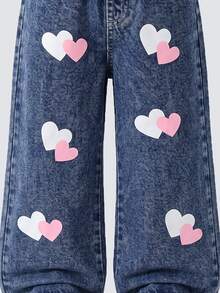SHEIN Girls' Denim Jeans, All-Season New Style, Cute & Playful Design, Deep Blue Washed Denim With Pink+White Contrast Heart Print And Snow Wash Effect, Fashionable Loose Straight Leg Wide-Leg Fit, Soft & Comfortable Fabric, Versatile For Daily Wear, Parties, Outings And More, All-Season New Girls' Denim Jeans - Dark Wash - View 6