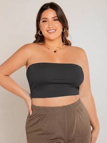 SHEIN BASICS 大尺碼短版抹胸上衣 夏季女款上衣 夏日穿搭 - 深灰色 - 查看 3