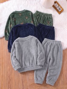 SHEIN 兒童男童休閒舒適字母刺繡圖案睡衣家居服長袖長褲套裝 2 件組，適合秋冬 - 淺灰色 - 查看 2
