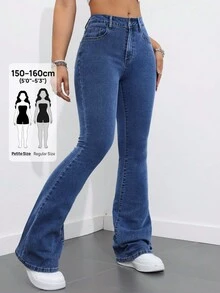 Flexra Petite Women's Fashion Street Button Pocket Flared Denim Jeans - Dark Wash - View 7