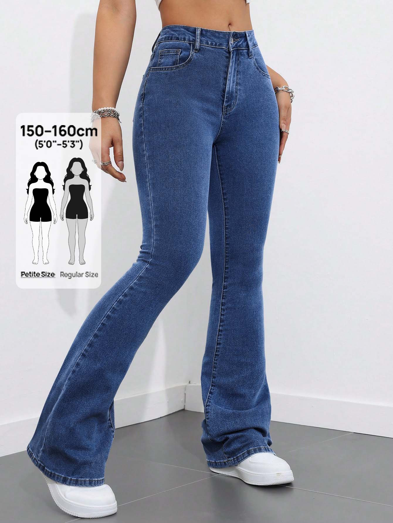 Flexra Petite Women's Fashion Street Button Pocket Flared Denim Jeans - Dark Wash - View 1