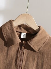 SHEIN 青少年女孩休閒拉鍊長袖外套，適合日常穿著與度假 - 棕色 - 查看 4
