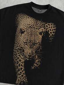 StoneGrade Street Style Bold Leopard Print Cropped Loose Fit Batwing Sleeve Short Sleeve T-Shirt, Bold Leopard Print Colliding With Silhouette, Instantly Elevating Street Vibe - Black - View 2