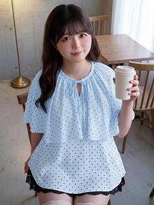 Bijouette 大尺碼夏季休閒優雅淺藍印花襯衫，柔軟面料，日系甜美時尚風，度假上衣，適合約會之夜、生日、早午餐 - 淺藍色 - 查看 8