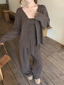 DAZY Women's Striped Long Sleeve Cardigan, Camisole And Pants Casual Set - Brown - View 5