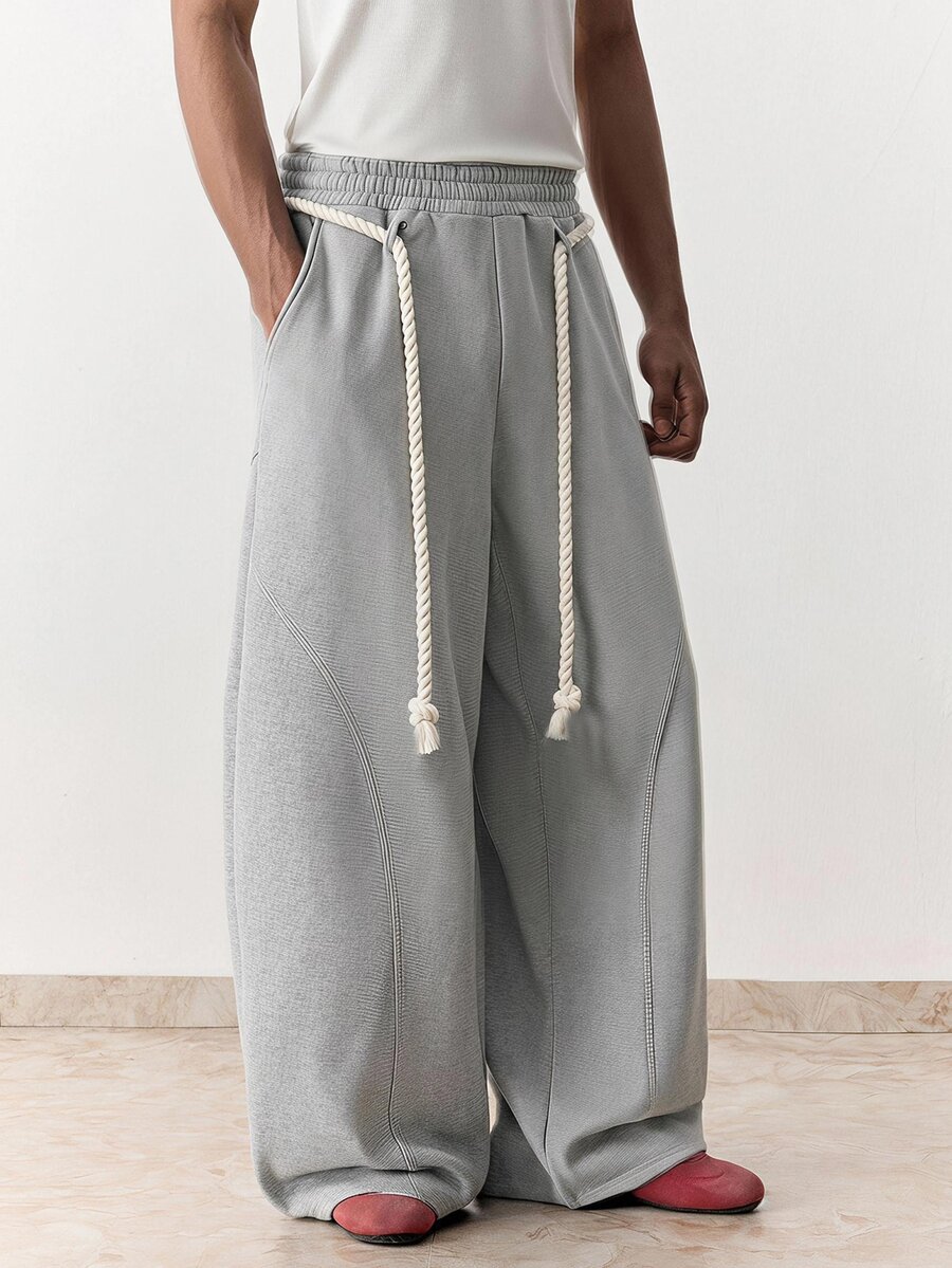 SWAVVY Men's Casual Light Gray Sweatpants With Elastic Waist And Pleated Patchwork Design, Spring/Autumn, Standard Size - Light Grey - View 1