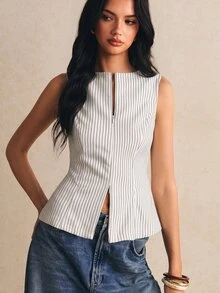 Poéselle 女款條紋前拉鍊休閒西裝背心 - 白色 - 查看 3