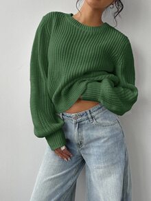 SHEIN BASICS كنزة صوفية محبوكة نسائية كاجوال بلون موحد وياقة دائرية وأكمام طويلة ملابس شتوية - أخضر - مشاهدة 5