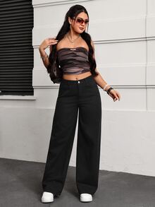 Jeanoix Petite Women's Casual Versatile Wide Leg Denim Jeans - Black - View 6