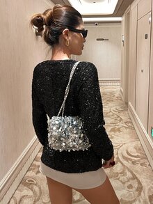 DAZY Women's Solid Color Sequin Front Tie Long Sleeve Elegant Blouse Fall - Black - View 2