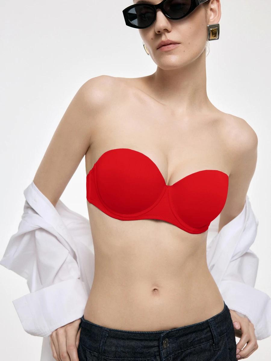 SHEIN 亮紅色鋼圈模杯聚攏托高巴肯內式內衣,高支撐防滑無肩帶隱形舒適女款胸罩 - 紅色 - 查看 1