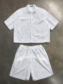 Manfinity ZONE917 Men's Letter Print Cropped Loose Shirt And Shorts Set - Grey - View 4