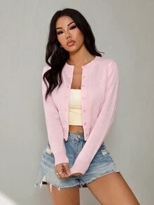 SHEIN PETITE 女款素色單排扣休閒針織長袖開襟衫 - 粉色 - 查看 4