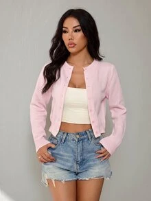 SHEIN PETITE 女款素色單排扣休閒針織長袖開襟衫 - 粉色 - 查看 6