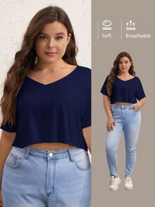 SHEIN BASICS 大尺碼純色V領短版T恤 女款夏季上衣 夏日穿搭 - 藏蓝色 - 查看 7