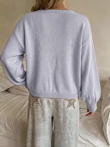 SHEIN 青少年女孩休閒燈籠袖短款純色長袖毛衣，棕色毛衣，秋季毛衣，秋季女孩毛衣，女孩毛衣，秋季毛衣，秋季服飾，外出 - 淡紫色 - 查看 2
