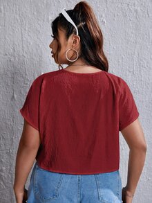 SHEIN EZwear 大尺碼簡約紋理百褶襯衫，適合度假 - 紅色 - 查看 2