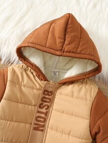 SHEIN 中性新生兒嬰兒男/女童、幼兒秋冬保暖內裡加厚可愛拼色連帽連身雪衣，冬季連身褲 - 棕色 - 查看 4