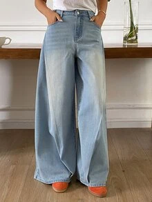 DAZY Distressed Washed Faded Loose Wide Leg Casual Streetwear Vacation Autumn Winter Long Pants Women's Jeans - Blue - View 1