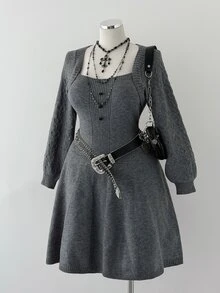 Sunspun Plus Size Casual Heart Button Heart Pattern Knit A-Line Sweater Dress - Grey - View 1