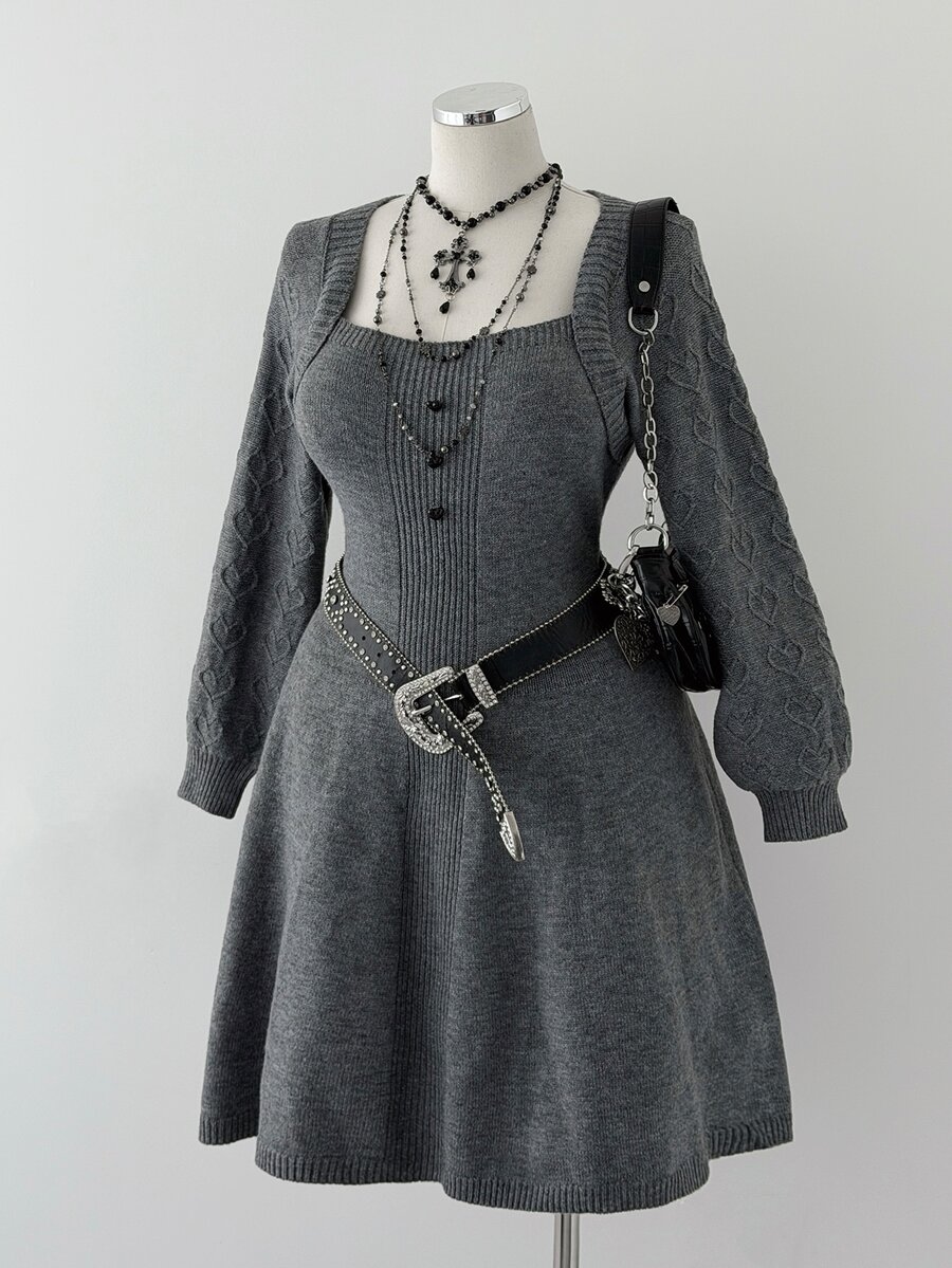 Sunspun Plus Size Casual Heart Button Heart Pattern Knit A-Line Sweater Dress - Grey - View 1