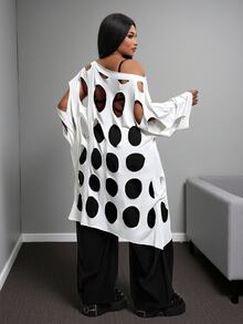Maweii Plus Size Women's New Grey Asymmetric Shoulder Hollow Out Long Cover-Up, Loose Fit, Unique Hollow Design, Asymmetric Shoulder Cut, Sexy Outerwear Cover-Up, Street Style Vibe, Niche Personality, Summer Loose Slimming Mid-Length Hollow Out Cover-Up Dress - White - View 3