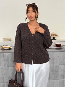 Firerie Maillard Coffee Color V-Neck Cable Knit Loose Lazy Long Sleeve Vintage Sweater Cardigan Winter - Brown - View 8