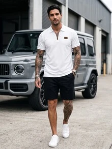 Manfinity Homme 男士夏季字母印花短袖 Polo 衫，街頭風，休閒 - 白色 - 查看 5